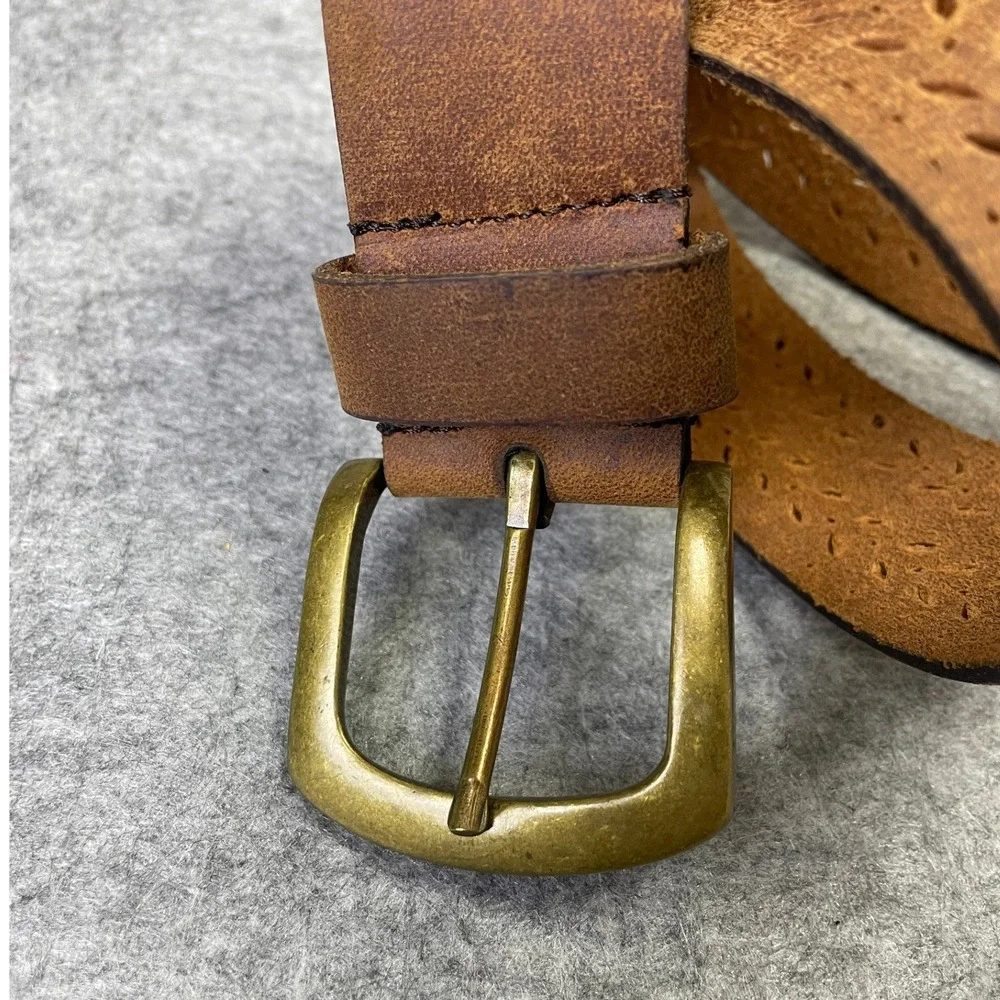 Womens Brown Genuine Leather Perforated Floral Belt 30''xDistressed Brass Buckle